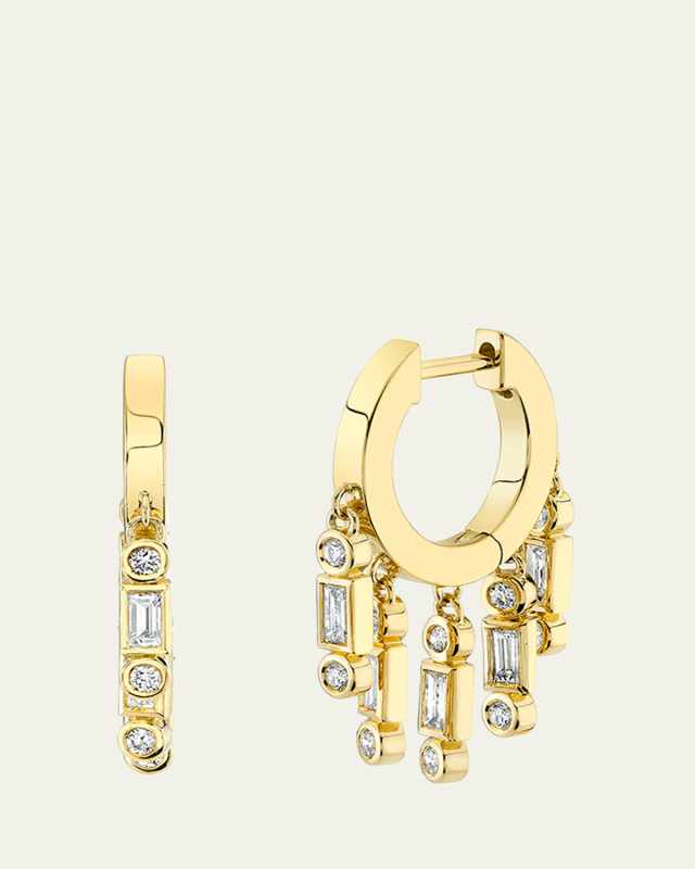 14K Yellow Gold Baguette and Round Diamond Fringe Huggie Earrings